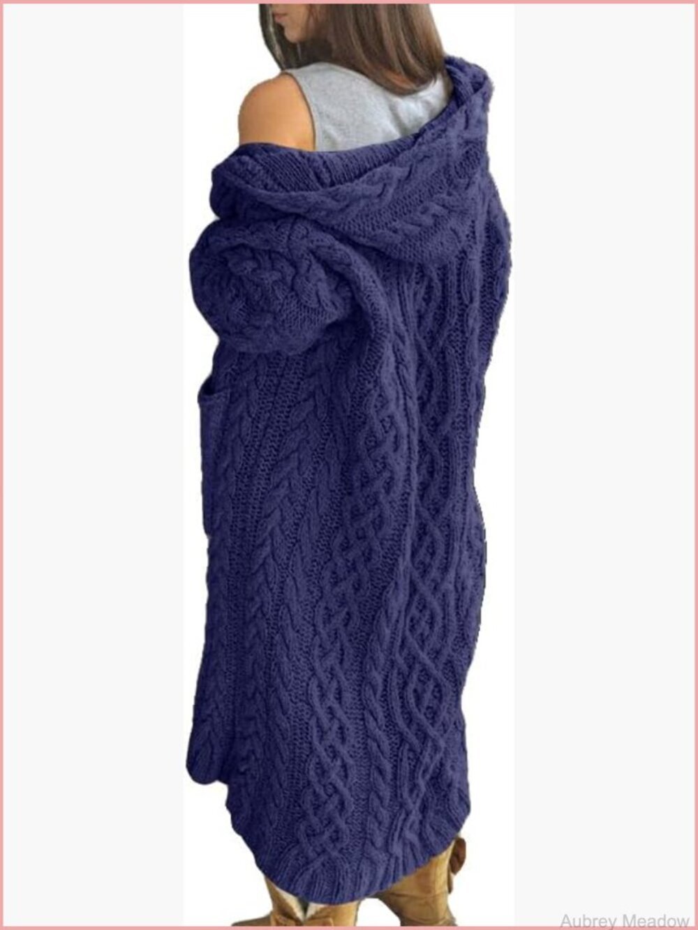 Long Sleeve Open Cardigan Hooded Cable Knit Sweater Coat with Pockets